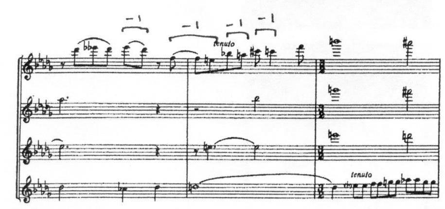 Shostakovich tightens the registration of the passage by allowing each instrument to enter one half-step above the top note of the previous instrument. Example 5.