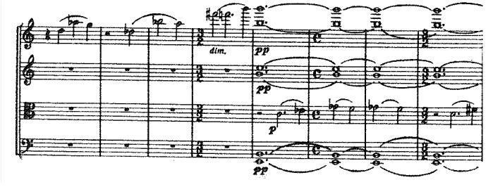 Example 5.15, Shostakovich, String Quartet, op. 138, mm. 409 416 STRING QUARTET NO. 13 IN B FLAT MINOR, OP. 138 By Dmitri Shostakovich Copyright 1970 (Renewed) by G. Schirmer, Inc.