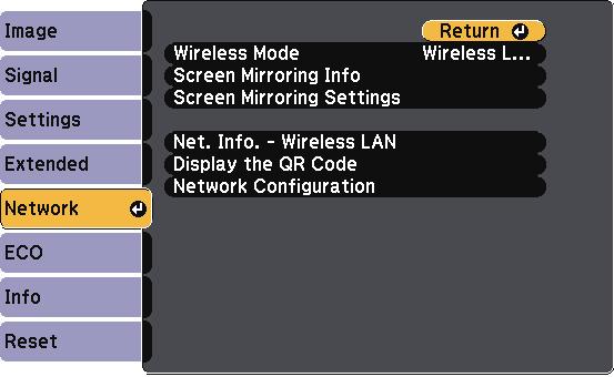 Projector Network Settings - Network Menu Settings on the Network menu let you view network informtion nd set up the projector for controlling over network.