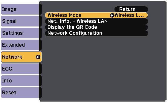 Wireless Network Projection 81 c Select Wireless LAN On s the Wireless Mode setting. f Select the bsic options s necessry.