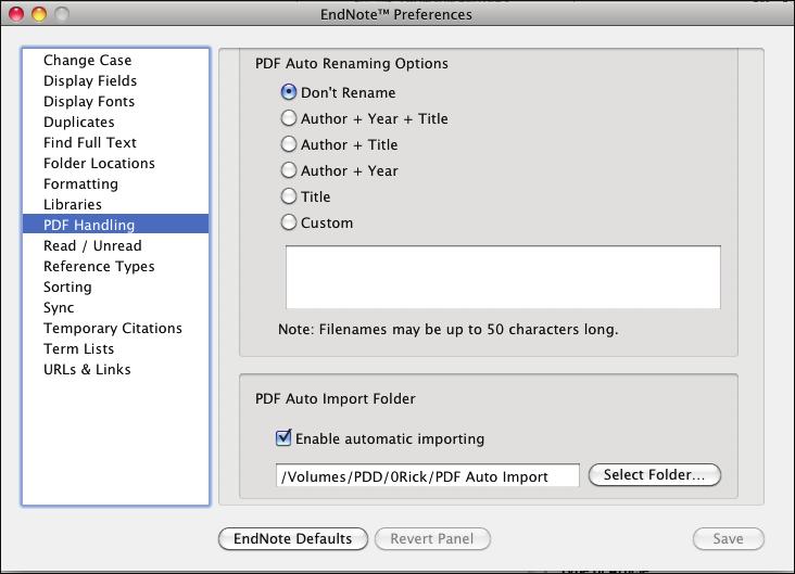 Setting PDF Handling Preferences PDF Handling preferences allow you to define the automatic renaming process of PDF documents that you want to import to an EndNote library.