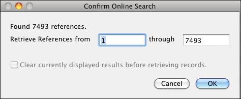 4. Click Search. EndNote sends the search request off to the online database and displays a summary of the search results. 9. Click OK to retrieve and save the matching references.