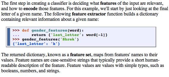 Feature Extraction: NLTK Dictionary Gender example from book: Sec 6.