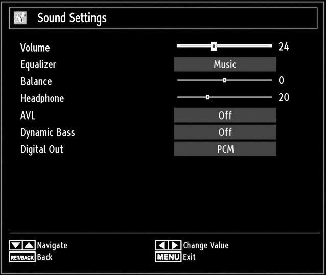 Configuring Sound Settings Sound settings can be confi gured according to your personal preferences. Press MENU button and select the fi rst icon by using or button.