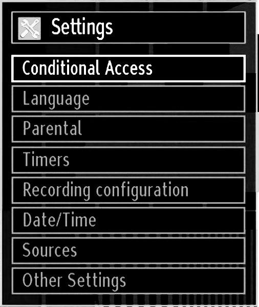 Configuring Your TV s Settings Detailed settings can be configured to suit your personal preferences. Press MENU button and select Settings ikon by using or button.