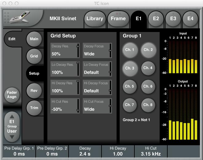 Reverb 8 algorithm Setup page Lo Decay Focus Settings: Narrow / Default / Wide / LR Only / FB Only Use the Lo Decay Focus parameter to specify to what degree moving the green dot in the Grid affects