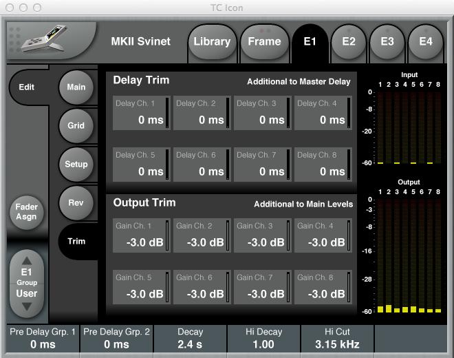 Reverb 8 algorithm Trim page Fig 15. Reverb 8 algorithm Trim page Level trims and Delay offsets per output are available on the Trim page.