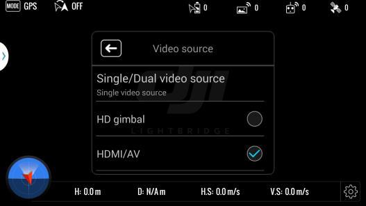 source input (HDMI / AV) can be selected as video input. Ground system can select either of the video source to display. Note that transmission distance will be reduced in Dual Video Source mode.