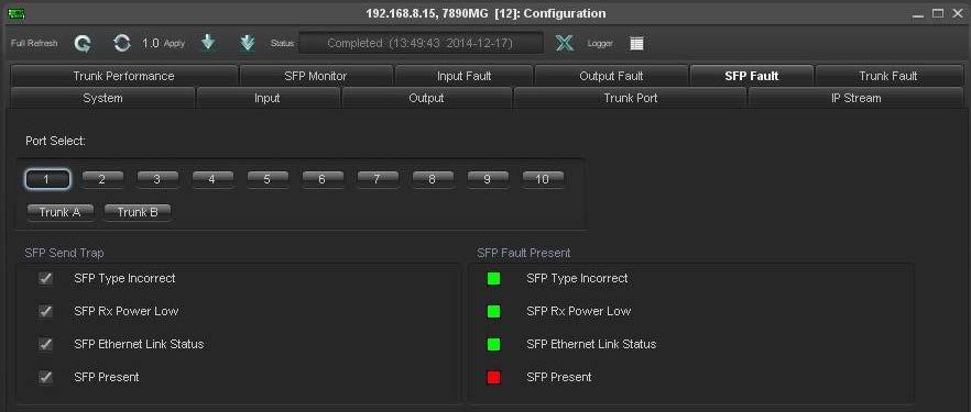4.10. SFP FAULT TAB Figure 4-10: VistaLINK PRO - SFP Fault Tab Port Select: Brings up the SFP Fault SNMP Error Traps for each SFP/SFP+ Port.