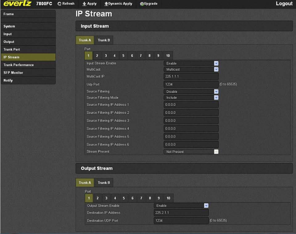5.5. IP STREAM Figure 5-5: WebEasy IP Stream Page Port Select: Click to select which Access Port is selected. There are 10 ports. For each of the 10 ports there is an input stream and output stream.