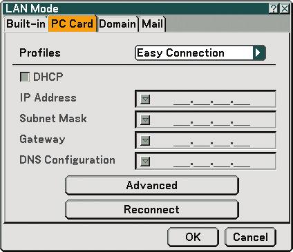 6. Using On-Screen Menu [PC Card] Profiles (for PC Card): To execute a wireless LAN easily using Image Express Utility 2.0, select [Easy Connection].