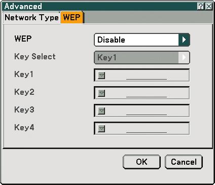 6. Using On-Screen Menu [WEP] (required for wireless only) Select this option whether using the WEP (Wired Equivalent Privacy) key for encryption or not. To use encryption, specify WEP key. Disable.