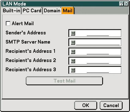 6. Using On-Screen Menu [Mail] Alert Mail: Checking this box enables Alert Mail feature. This option notifies your computer of an error message via e-mail when using wireless or wired LAN.