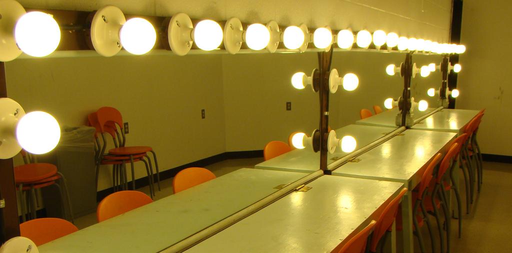 1 Makeup Room beneath the stage, with seating for 4 dressing/makeup stations with 3 seats per station and equipped with mirrors and costume/wardrobe racks.