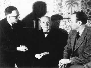 Strauss meeting with music critic Willi Schuh (at left) and Paul Sacher (right) in Zurich, to discuss Metamorphosen (1945).