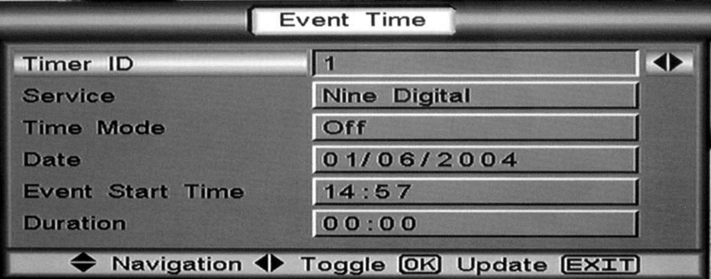 Event Timer This allows for 6 timer entries. This menu allows the event number, program, time, date and duration for VCR Recording to be set.