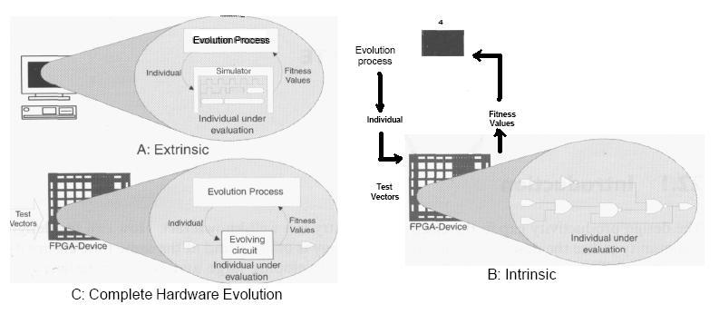 Figure 4 Three types of evolution [26] The third type and less used form of evolution is an on-chip strategy, also termed complete hardware evolution (CHE) [29, 30].