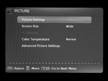 TV Setup The PICTURE menu offers options to enhance and refine the picture displayed on your TV based on ambient room light and personal preferences.