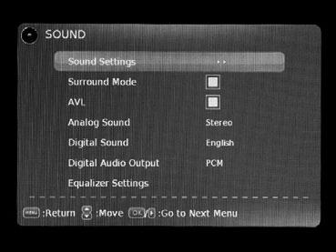 The AUDIO menu offers options to make sound enhancements while listening through the built-in speakers or to select digital audio options when connected to a Dolby Digital receiver though a (SPDIF)