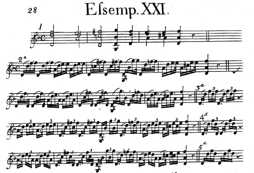 Ex. 3.12. F. Geminiani, Example XXI from The Art of Playing on the Violin, Op.9, Variations 1-4, p. 28.