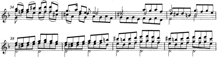 One famous passage in the Fuga from Bach s Sonata no.1 BWV1001, shown in Ex. 3.13, is almost always executed as arpeggio in modern performances, despite being unmarked.