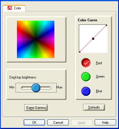 11 ATI Color Tab The ATI Color tab is used to adjust the color settings. You can change the red, green and blue display colors. Desktop brightness and Game Gamma (brightness) can also be changed.