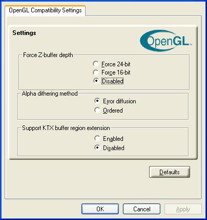 24 OpenGL Compatibility Settings Force Z-buffer depth Alpha dithering method Support KTX buffer region extension Defaults button This allows you to explicitly set the Z-Buffer depth.