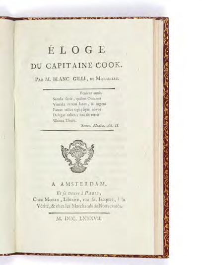 Cook admired in Enlightenment France 69. [COOK: MEMORIAL] BLANC GILLI, Mathieu. Éloge du Capitaine Cook. Par M. Blanc Gilli, de Marseille Octavo, 118 pp.