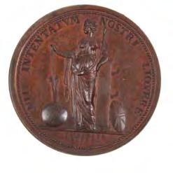 diameter, relief bust of Captain Cook on recto, full-length relief portrait of Fortune leaning on a column while resting her hand upon a rudder which is affixed to a globe on verso; in excellent