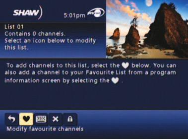 To remove a channel or revise your Favourites, highlight the channel in Favourite Lists Setup and press OK. The indicator disappears and the channel will no longer be designated as a Favourite.