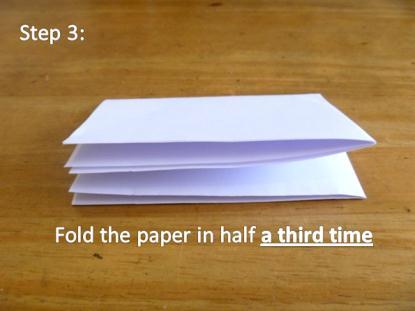 Secondly, fold the paper in half again. Thirdly, fold the paper in half a third time.