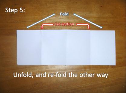 Open the paper and fold it in half the other way. The cut will now run along the fold. Make sure the clean side of the paper is still on the outside.