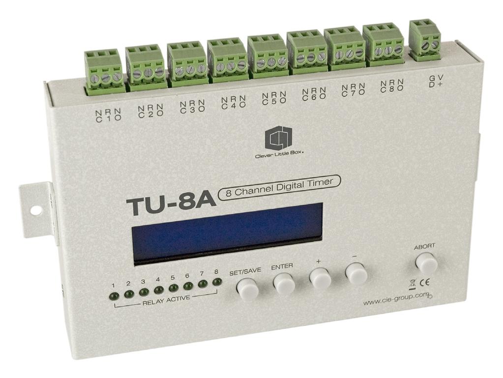 Specifications TU-8A Number of Output Channels 8 Events per Day Schedule Relay Rating Case Material Power Relay Outputs Dimensions Weight (Net) Weight (Gross) 64 (32 On, 32 Off) 7-day week 12A @ 120v