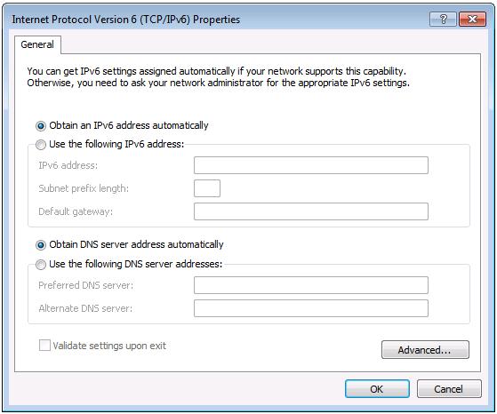 Figure 18: Internet Protocol Version 6 Properties Window 6. Select Use the following IP Address for static IP addressing and fill in the details as shown in Figure 19.