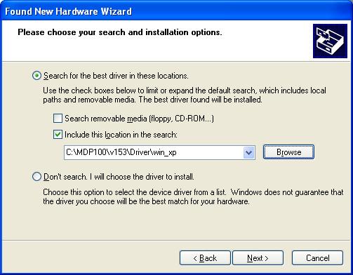 3. Choose "Search for the best driver in these locations" and "Include this location in the search," then click on "Browse" to open the contents of the installation CD, navigate to the DRIVER folder,