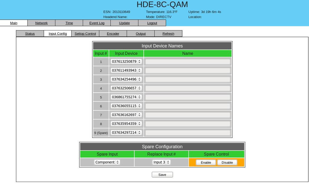 8 HDE-8C-QAM 6. "Main > Input Config" Screen The Main > Input Config screen (Figure 6.