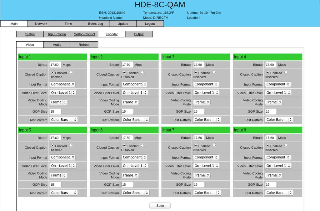 HDE-8C-QAM 6.7 "Main > Encoder" Screen The Main > Encoder screen (Figure 6.0.) is a user configurable screen and includes the following sub tabs: Video and Audio. 6.7. Main > Encoder > Video Screen The Main > Encoder > Video screen (Figure 6.