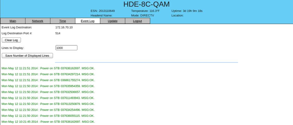 6 HDE-8C-QAM 6. "Event Log" Screen The Event Log screen (Figure 6.) is a read and write screen where the following parameters can be displayed or configured.