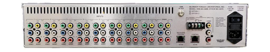 8 HDE-8C-QAM Rear panel connectors are: 6 7 8 9 0 6 7 8 INPUTS # thru 8 + Spare: RCA connectors for Video and Audio inputs marked as follows: Y, Pb, Pr - Analog Component Video Y Composite Video CC