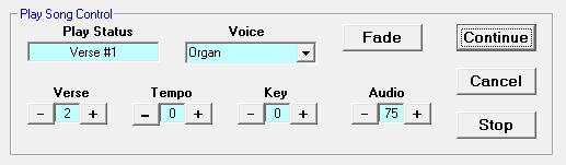 use the up/down to increase/decrease the number of verses to play, the tempo of the play back and the audio level of the keyboard Please note that some keyboards do not have Midi audio control