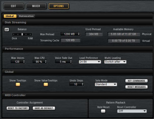 Global Functions and Settings Options Page Options Page The Options page contains global settings regarding performance issues, global functions, and MIDI controllers.