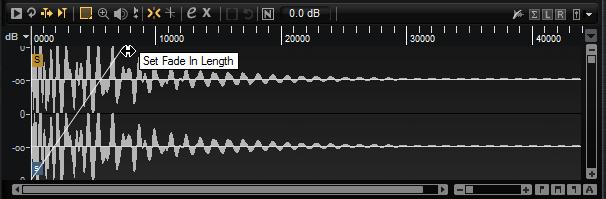 Beat Agent SE Sound Editing Creating Fades To create fades, drag the fade handles in the waveform display on the Sample tab or specify the length for fade in and fade out on the Slice tab (if you