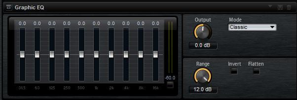 Effects Reference EQ Effects Graphic EQ Graphic EQ is an equalizer with ten frequency bands that can be cut or boosted by up to 12 db.