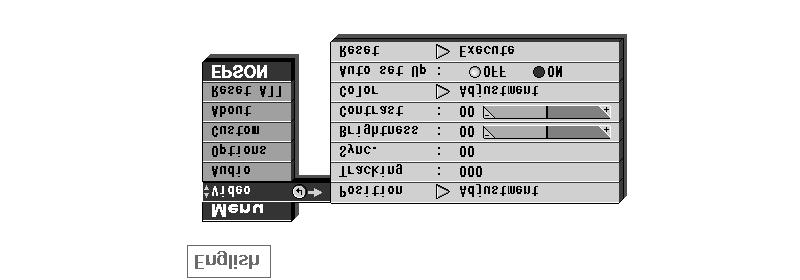 The About menu provides information about H/V frequency, lamp hours, and computer selection. The Reset All menu lets you restore the factory defaults for all the projector settings.