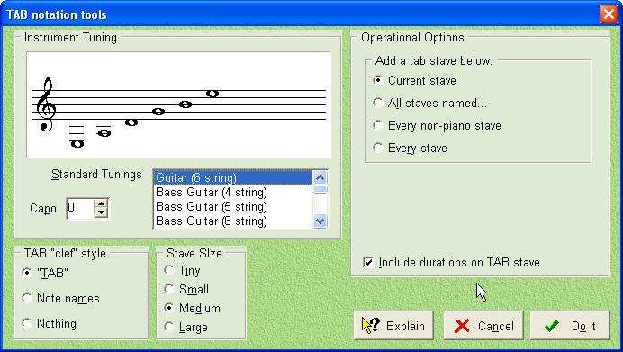 Music Publisher 8 manual Page 105 The TAB menu appears: Fig 98 - TAB tools menu Instrument Tuning The target instrument can be defined by extracting from the library, or you can modify the standard