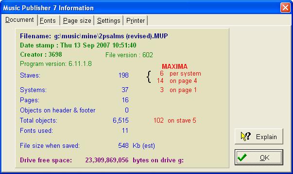 Page 134 Music Publisher 8 manual 26. OPTIONS AND INFORMATION When a file is open, there will appear an Information item on the File menu. Selecting this gives information about this particular score.