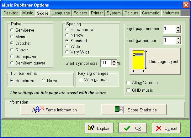 Page 140 Music Publisher 8 manual Options Score Note: this tab will not appear if you have not got a score on the screen, ie you have selected Options from the introductory page.
