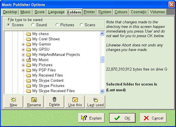 Page 142 Music Publisher 8 manual Options Folders Fig 138 - the Options Folders screen This page enables you to select the place where files are by default and perform folder housekeeping.