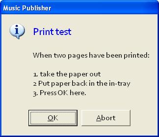 Music Publisher 8 manual Page 167 Fig 166 : Test dialog box for Booklet printing You will find that the paper printed has printed two sheets, clearly marked as being pages 8 1 and pages 6 3.