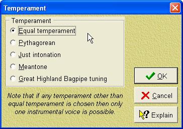 The tuning fork button gives access to changing the tuning or temperament of the work: For details on temperaments see Appendix L: Temperaments on page 261 4.